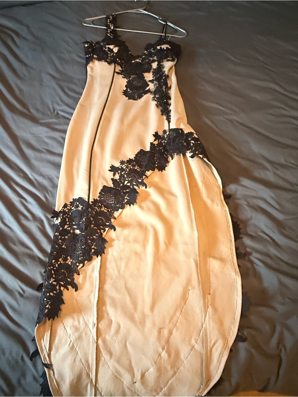 AKIRA Strapless Ivory Gown with Black Appliqué